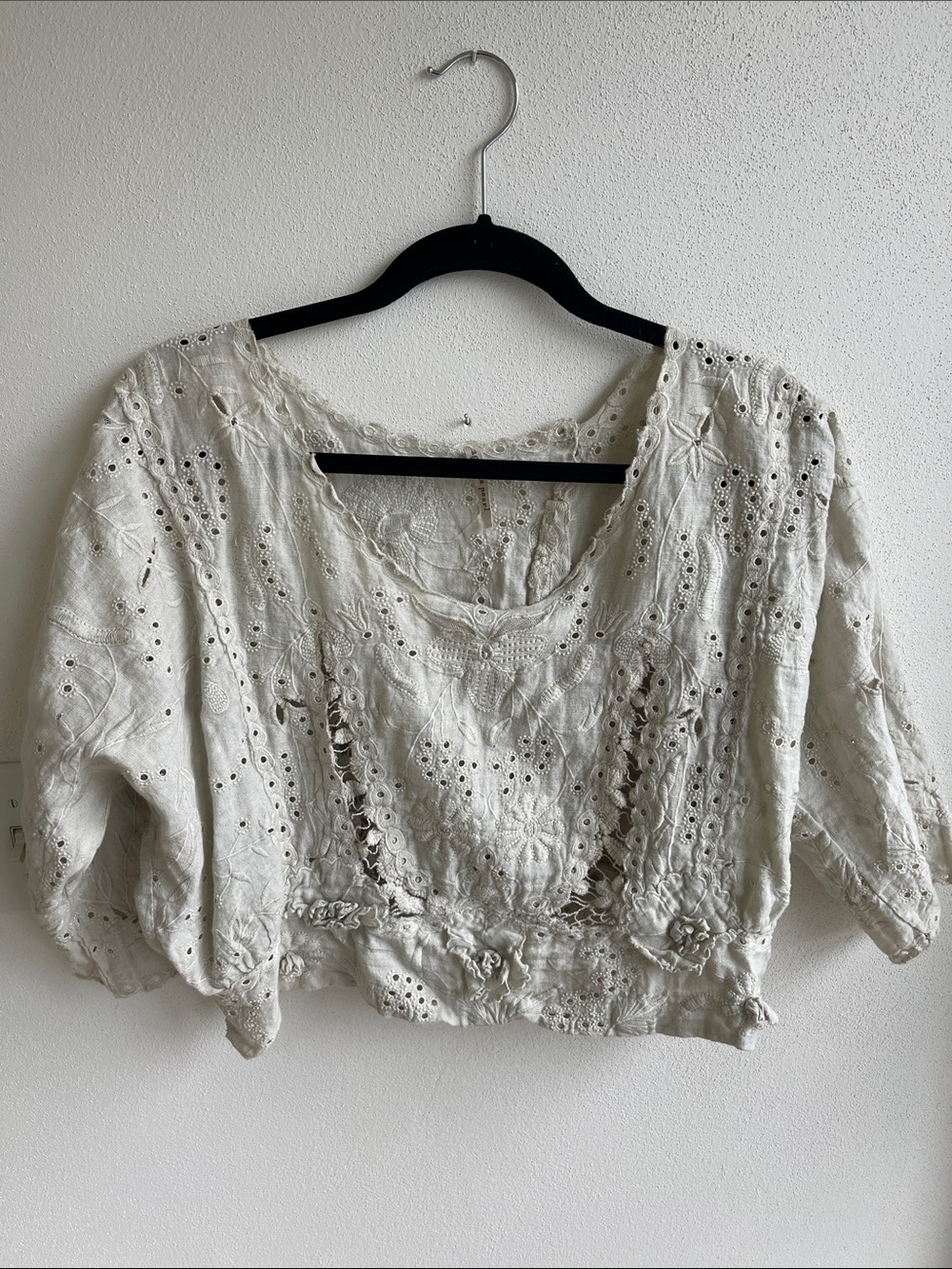 Magnolia pearl Boho Eyelet Embroidered Cotton Crop Top - Cream